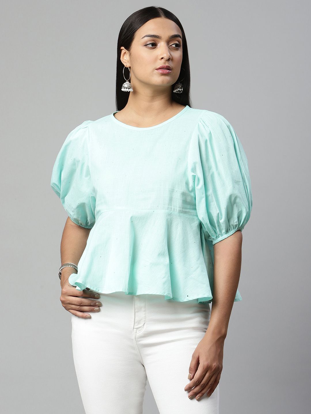 Light Blue Cotton Printed Tunic Top - Indian Kurtis for Women