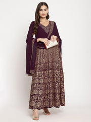 Wine Georgette Gold Foil Print Flared Kurta with Dupatta-AHKUDU-COMBO-408