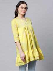 Yellow Cotton Printed Tunic-AHTUCORG-8066