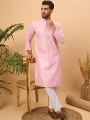 Ethnic Bay Men Pink Silk Blend Solid Embroidered Straight Kurta With Pant Set-MKSET1454