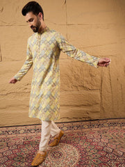 Ethnic Bay Men Yellow Viscose Rayon Bandhani Embroidered Straight Kurta With Pant Set-MKSET1192