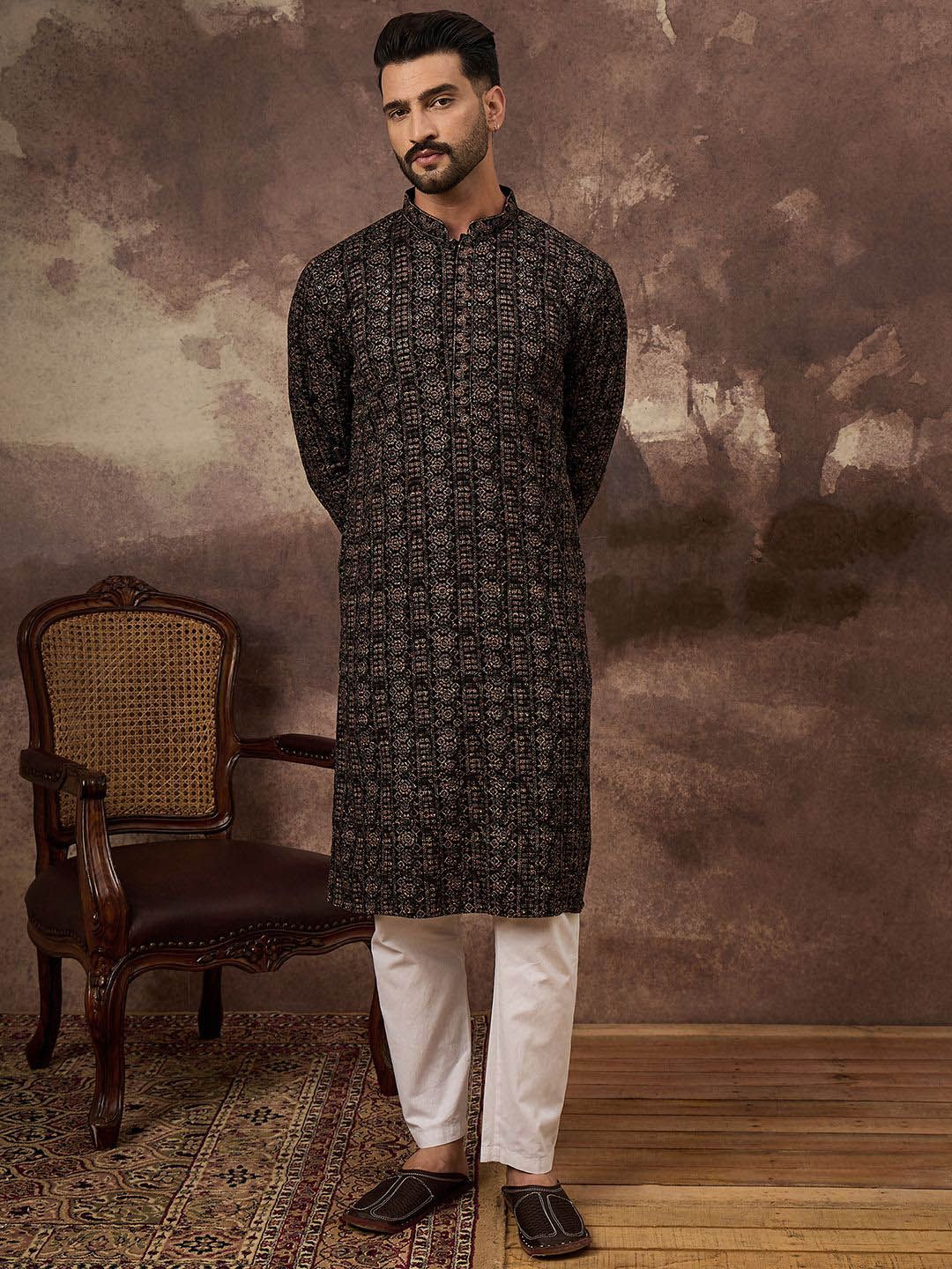 Ethnic Bay Men Black Viscose Rayon Ethnic Motifs Embroidered Straight Kurta With Pant Set-MKSET1405