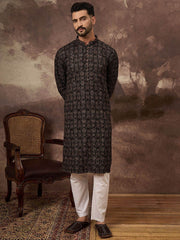 Ethnic Bay Men Black Viscose Rayon Ethnic Motifs Embroidered Straight Kurta With Pant Set-MKSET1405