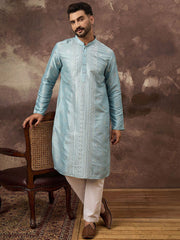 Ethnic Bay Men Blue Silk Blend Solid Embroidered Straight Kurta With Pant Set-MKSET1365
