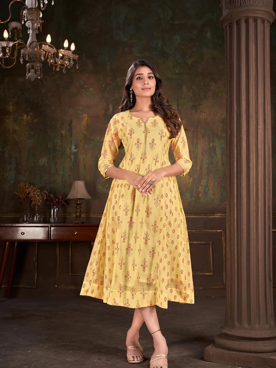 Yellow Colour cotton Printed kurti with vibrant patterns