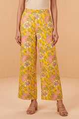 Yellow Rayon Floral Printed Regular Trouser WBOT1622