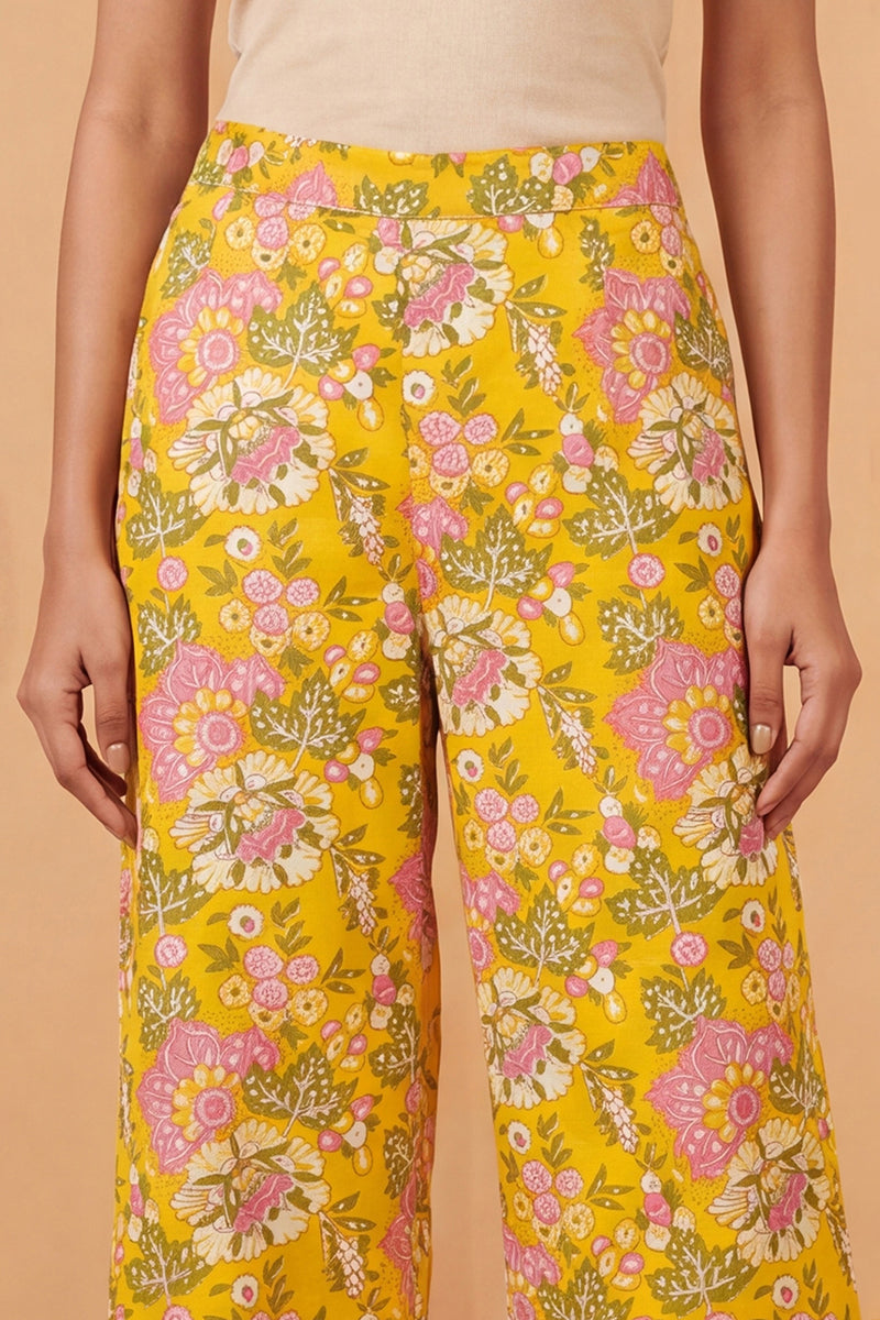 Yellow Rayon Floral Printed Regular Trouser WBOT1622