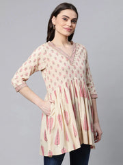 Beige Pure Cotton Printed Tunic-AHTUCOPG-8071