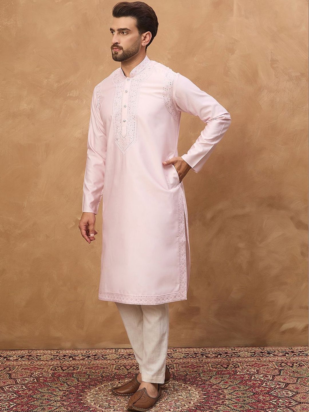 Ethnic Bay Men Pink Silk Blend Solid Embroidered Straight Kurta With Pant Set-MKSET1512