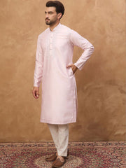 Ethnic Bay Men Pink Silk Blend Solid Embroidered Straight Kurta With Pant Set-MKSET1512