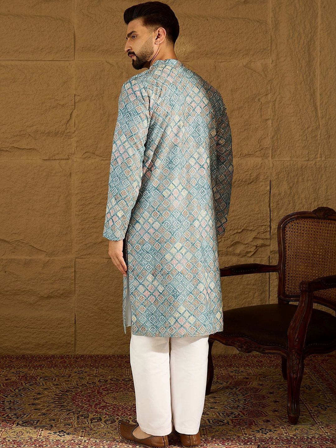 Ethnic Bay Men Blue Viscose Rayon Solid Embroidered Straight Kurta With Pant Set-MKSET1391
