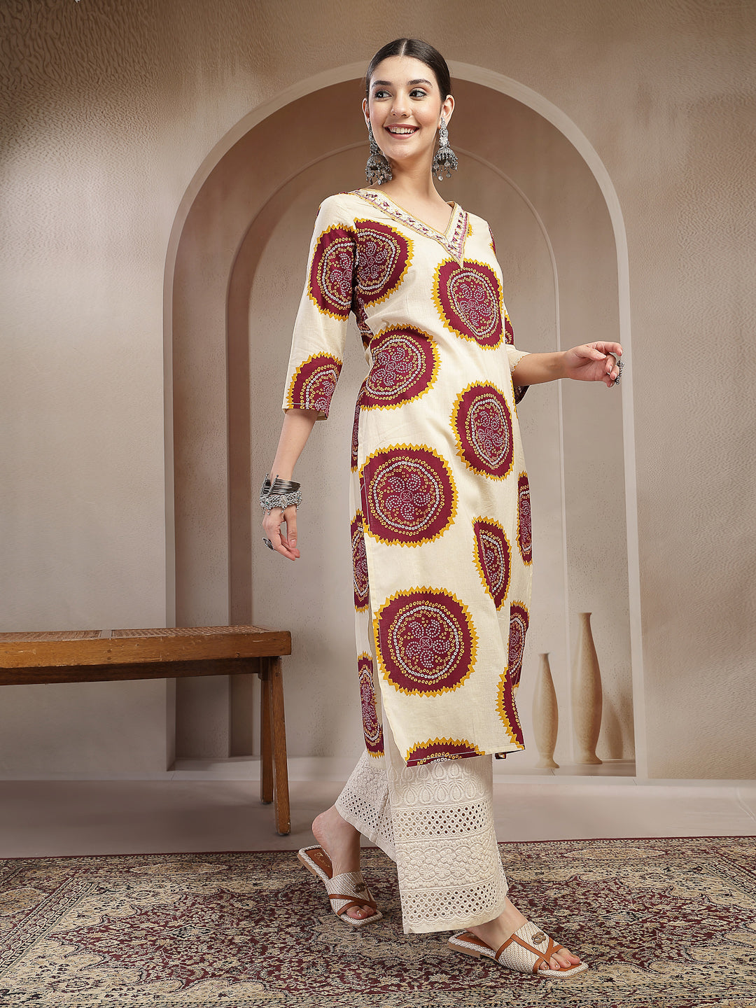 Stylum Women's Wine Bandhej Printed Cotton Straight Kurta (WINECHEF)