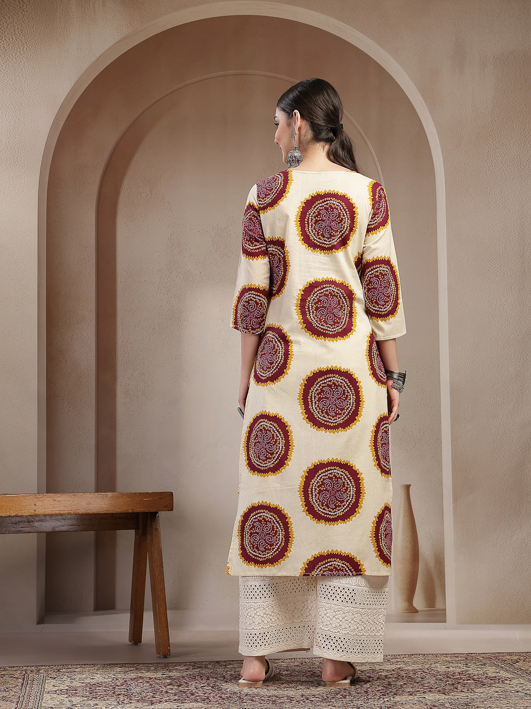 Stylum Women's Wine Bandhej Printed Cotton Straight Kurta (WINECHEF)