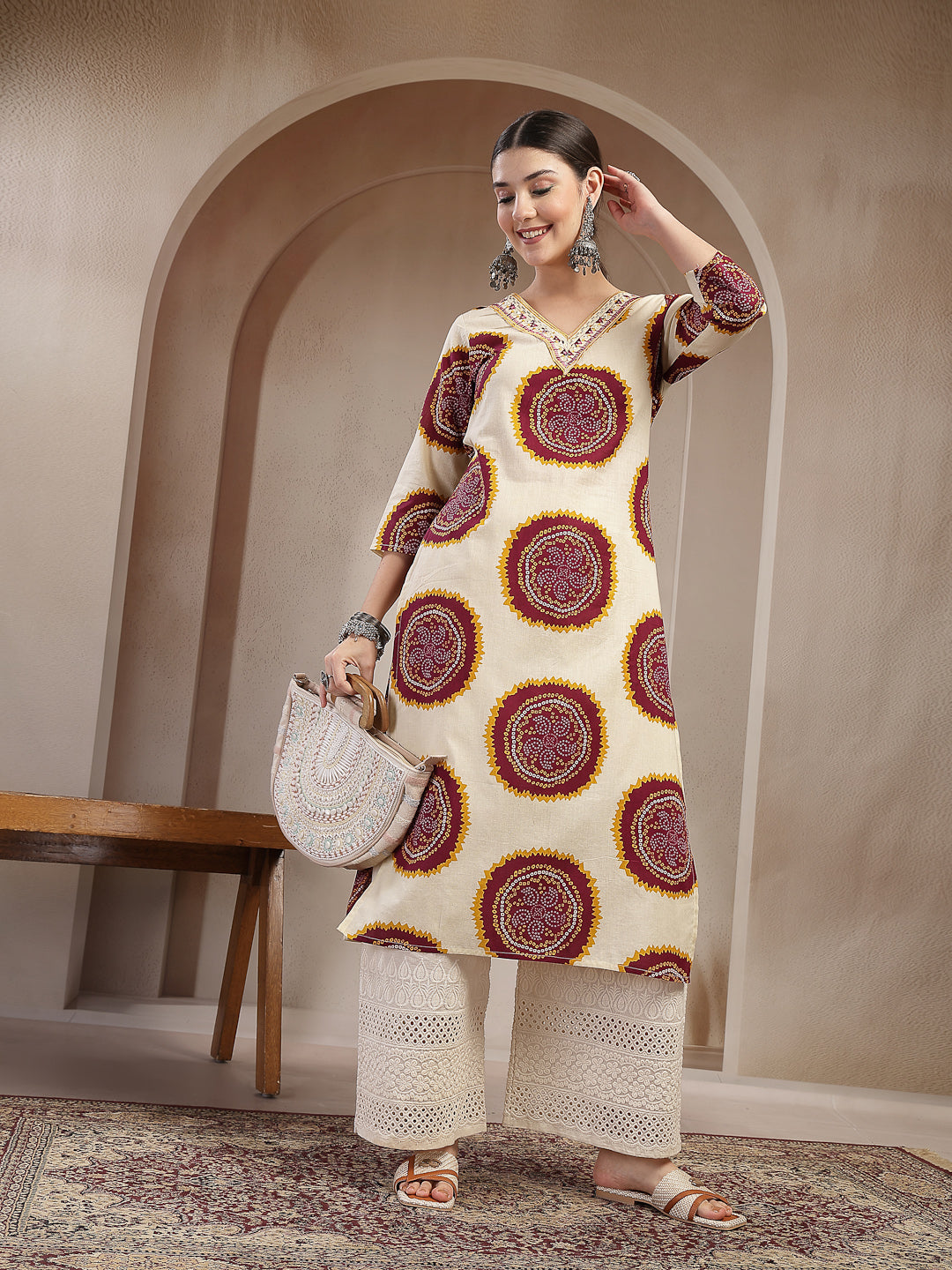 Stylum Women's Wine Bandhej Printed Cotton Straight Kurta (WINECHEF)