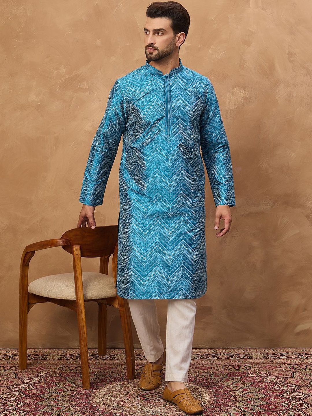 Ethnic Bay Men Blue Silk Blend Geometric Printed Straight Kurta With Pant Set-MKSET1531