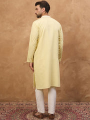 Ethnic Bay Men Yellow Silk Blend Solid Embroidered Straight Kurta With Pant Set-MKSET1509