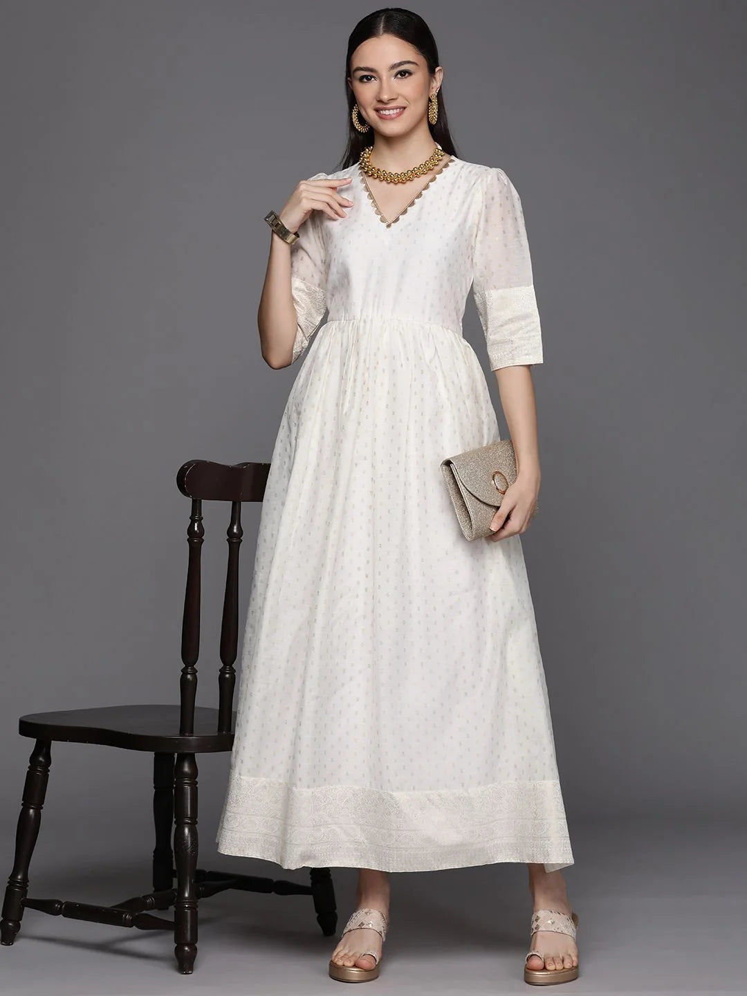 Off White Chanderi Gold Print Dress | Indian Dresses