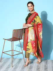 Olive Green Poly Silk Gold Printed Kurta Pant Set With Dupatta-AHKUDUPN-COMBO-405-FF