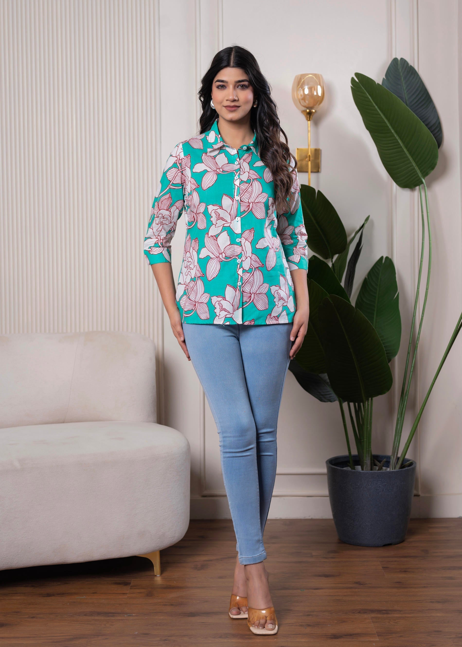 Turquoise Floral Button-Down Shirt