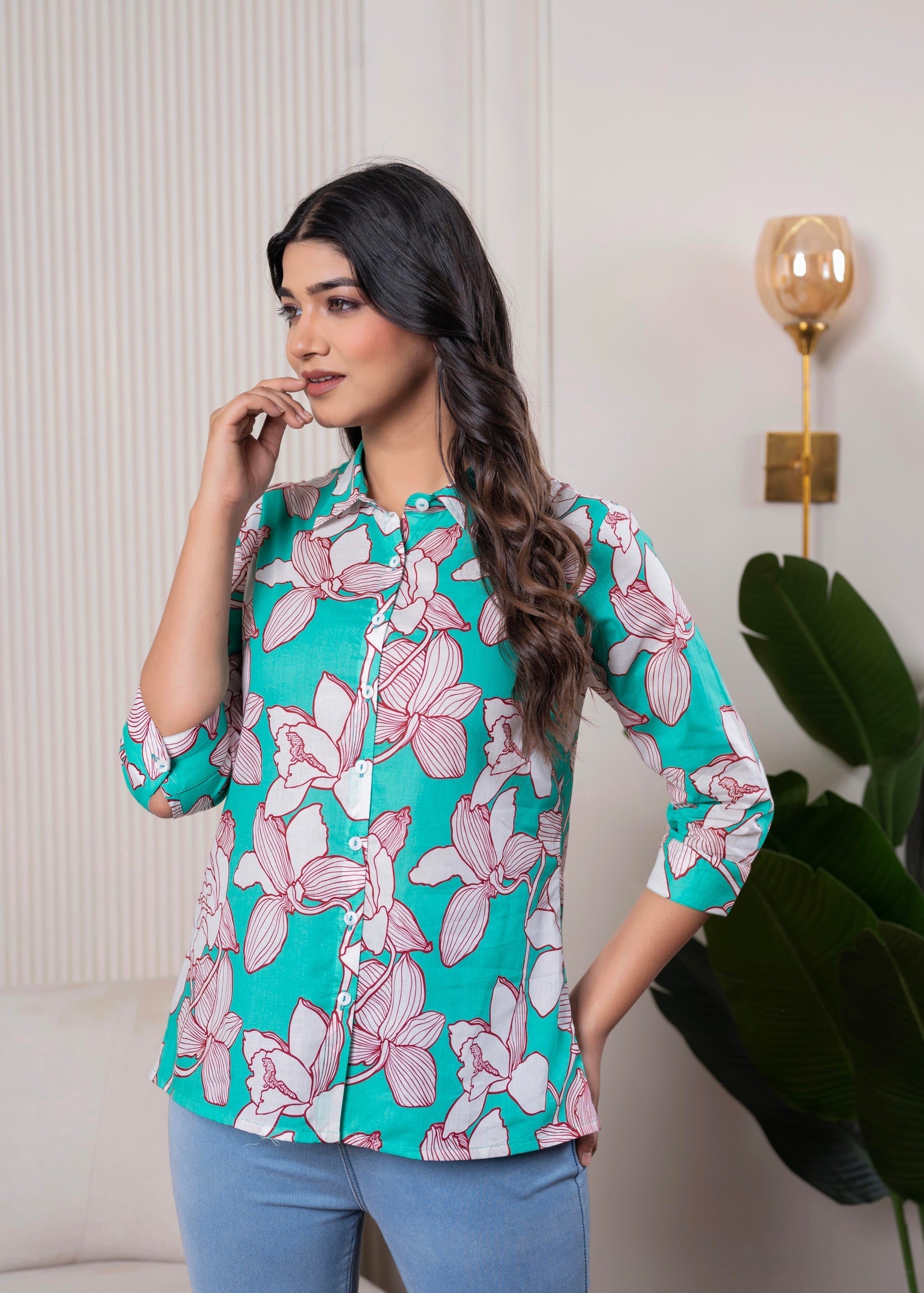 Turquoise Floral Button-Down Shirt