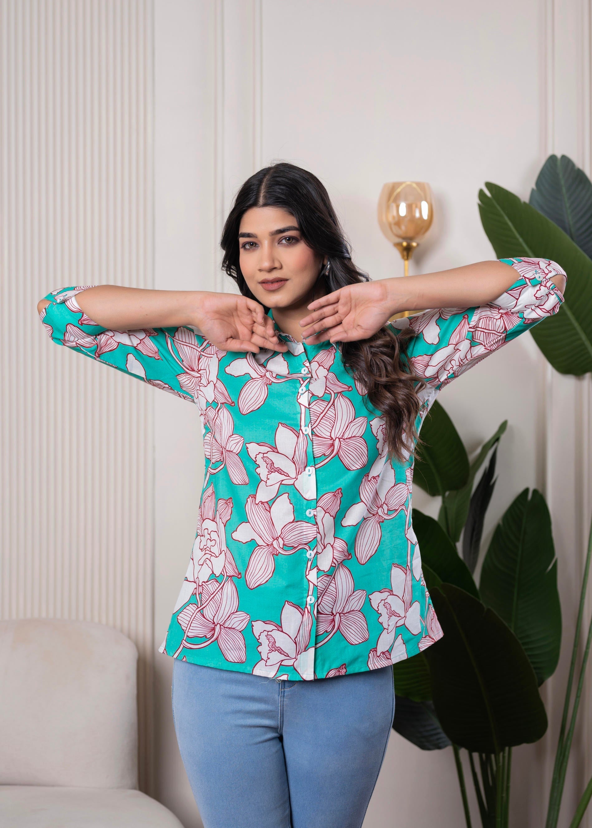 Turquoise Floral Button-Down Shirt