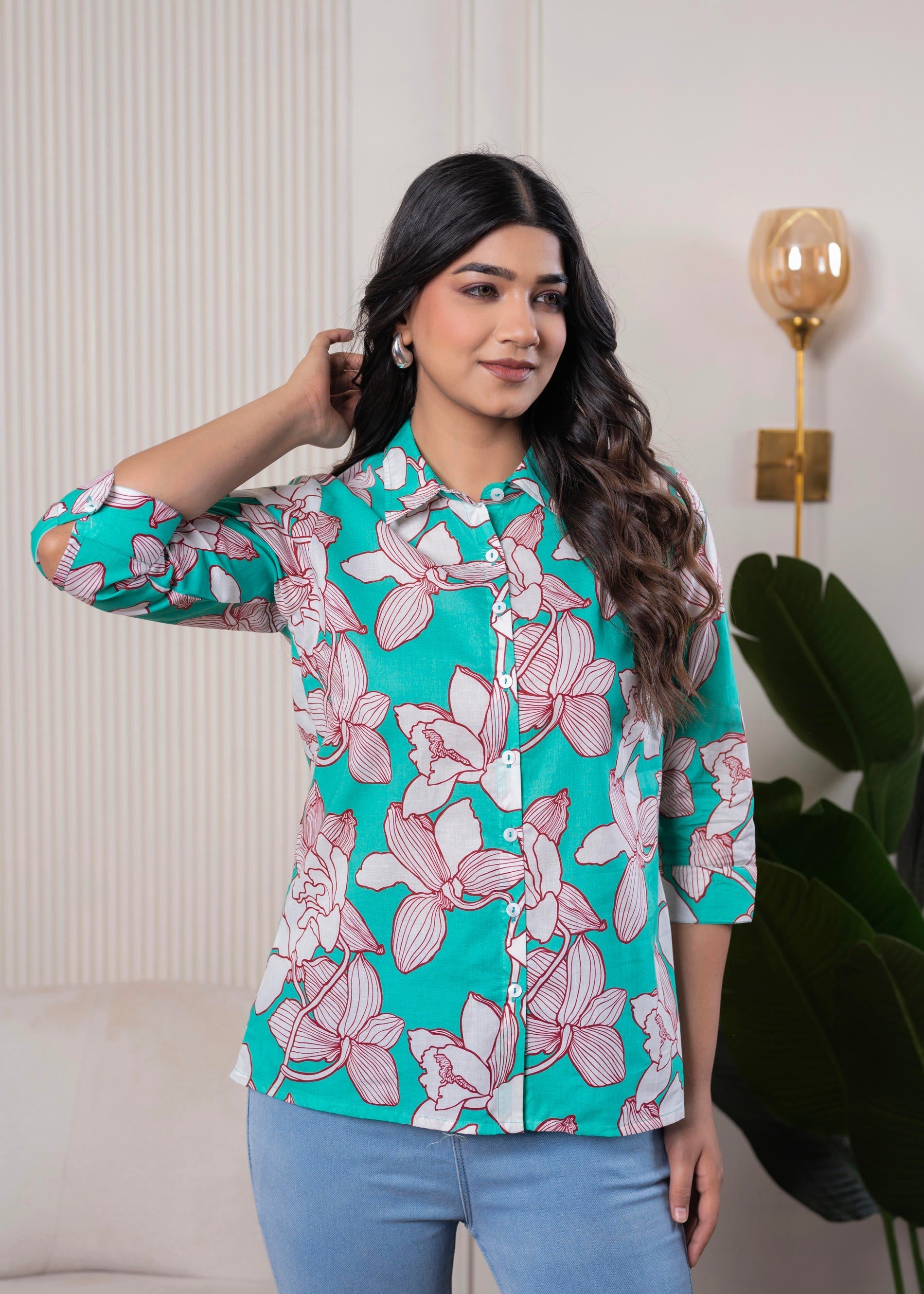 Turquoise Floral Button-Down Shirt