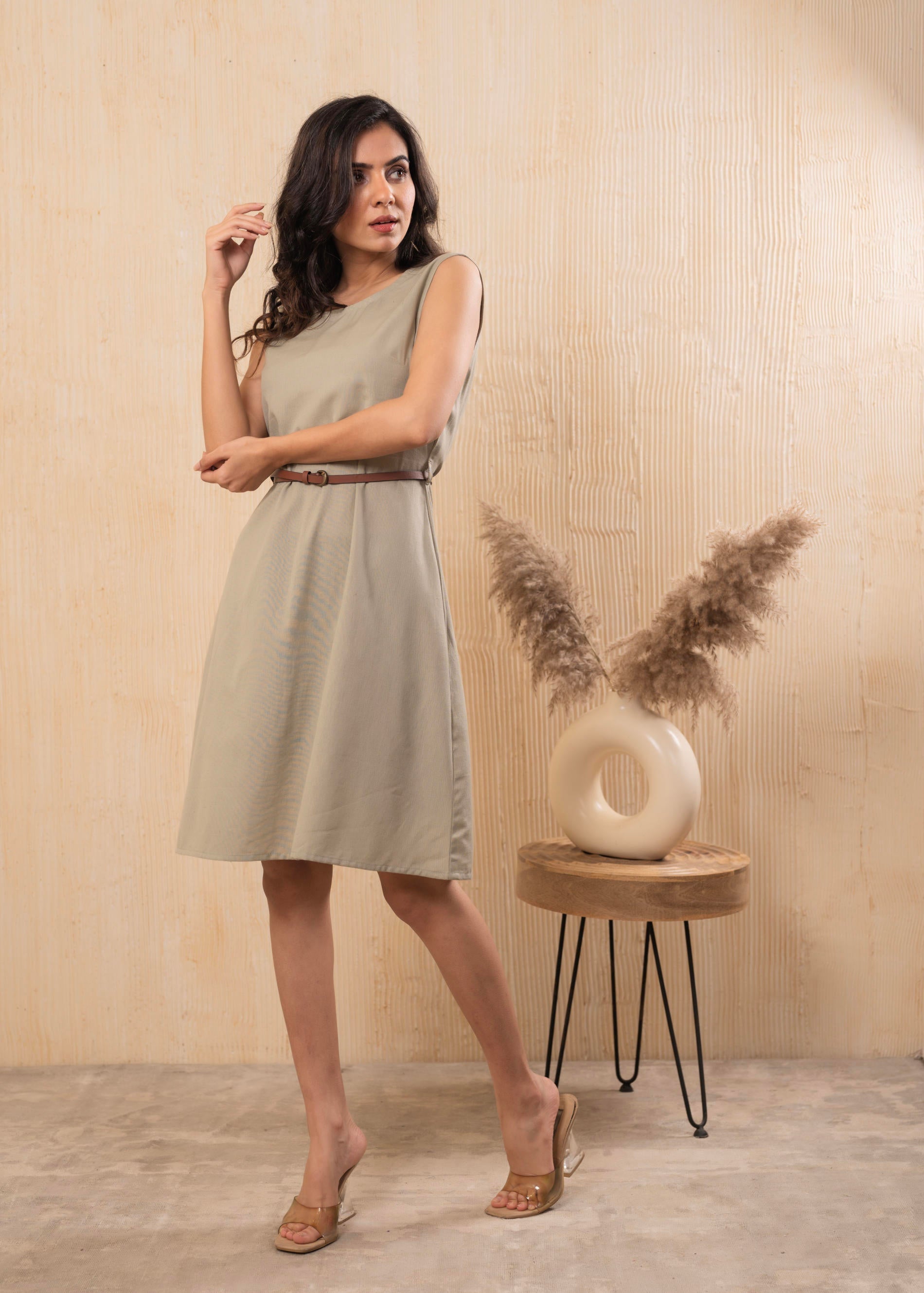 Beige Sleeveless A-Line Belted Dress