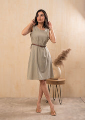 Lamora Beige Sleeveless A-Line Belted Dress