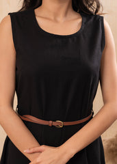 Lamora Black Sleeveless A-Line Belted Dress