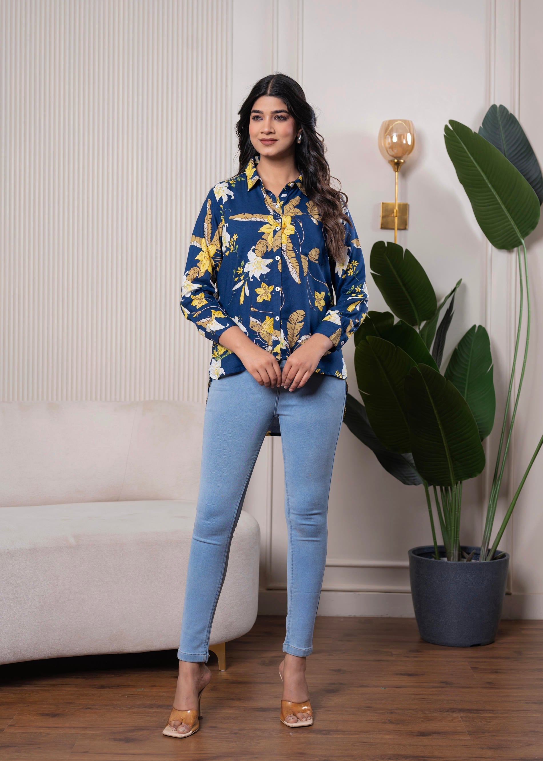 Navy Blue Floral Print Long Sleeve Button-Down Shirt