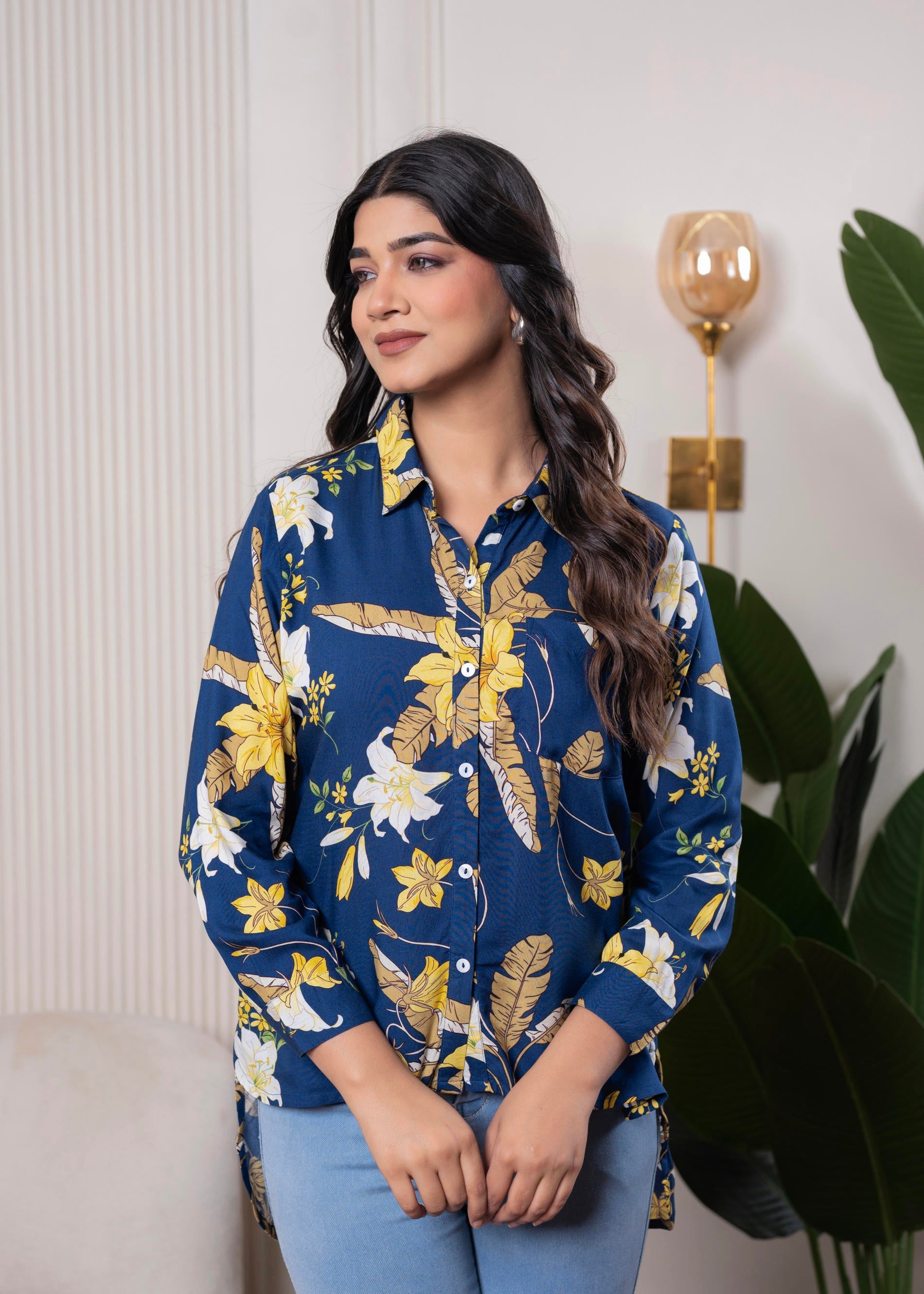 Navy Blue Floral Print Long Sleeve Button-Down Shirt