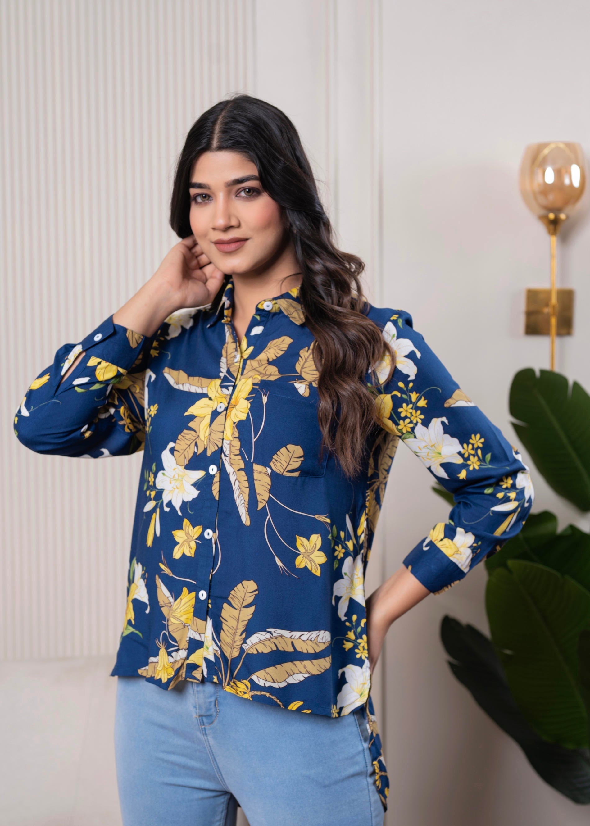 Navy Blue Floral Print Long Sleeve Button-Down Shirt