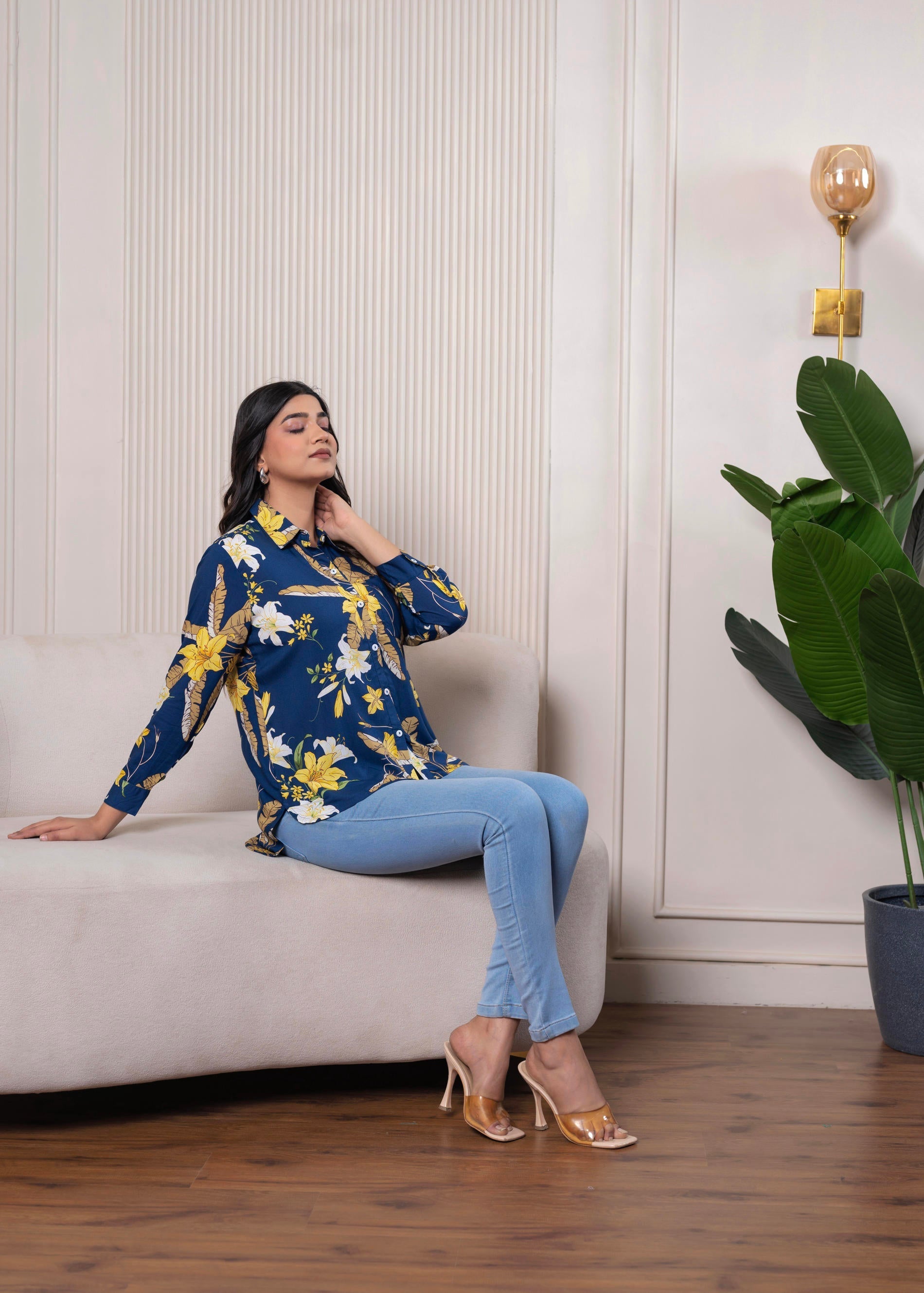 Navy Blue Floral Print Long Sleeve Button-Down Shirt