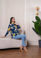 Lamora Navy Blue Floral Print Long Sleeve Button-Down Shirt