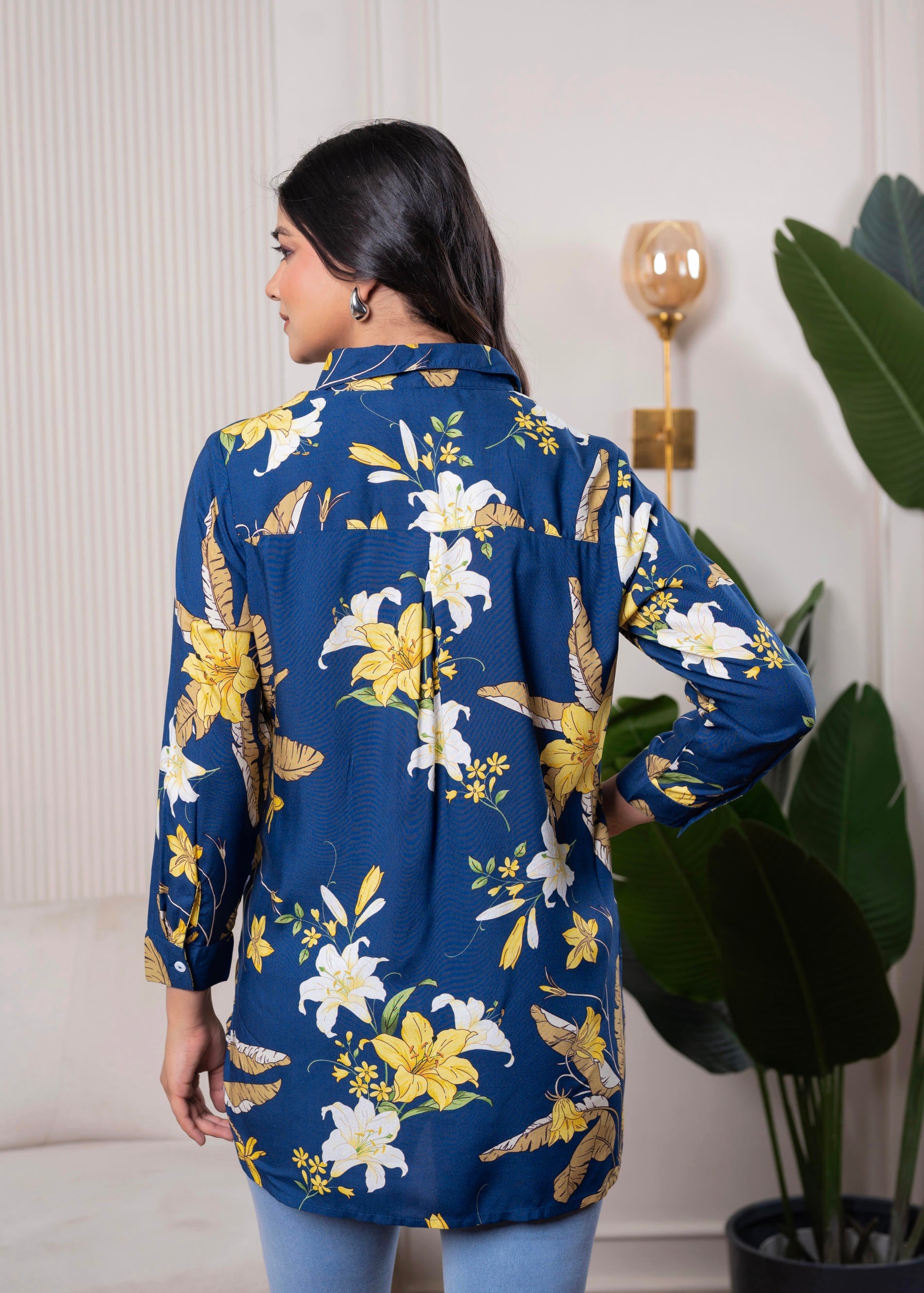 Navy Blue Floral Print Long Sleeve Button-Down Shirt