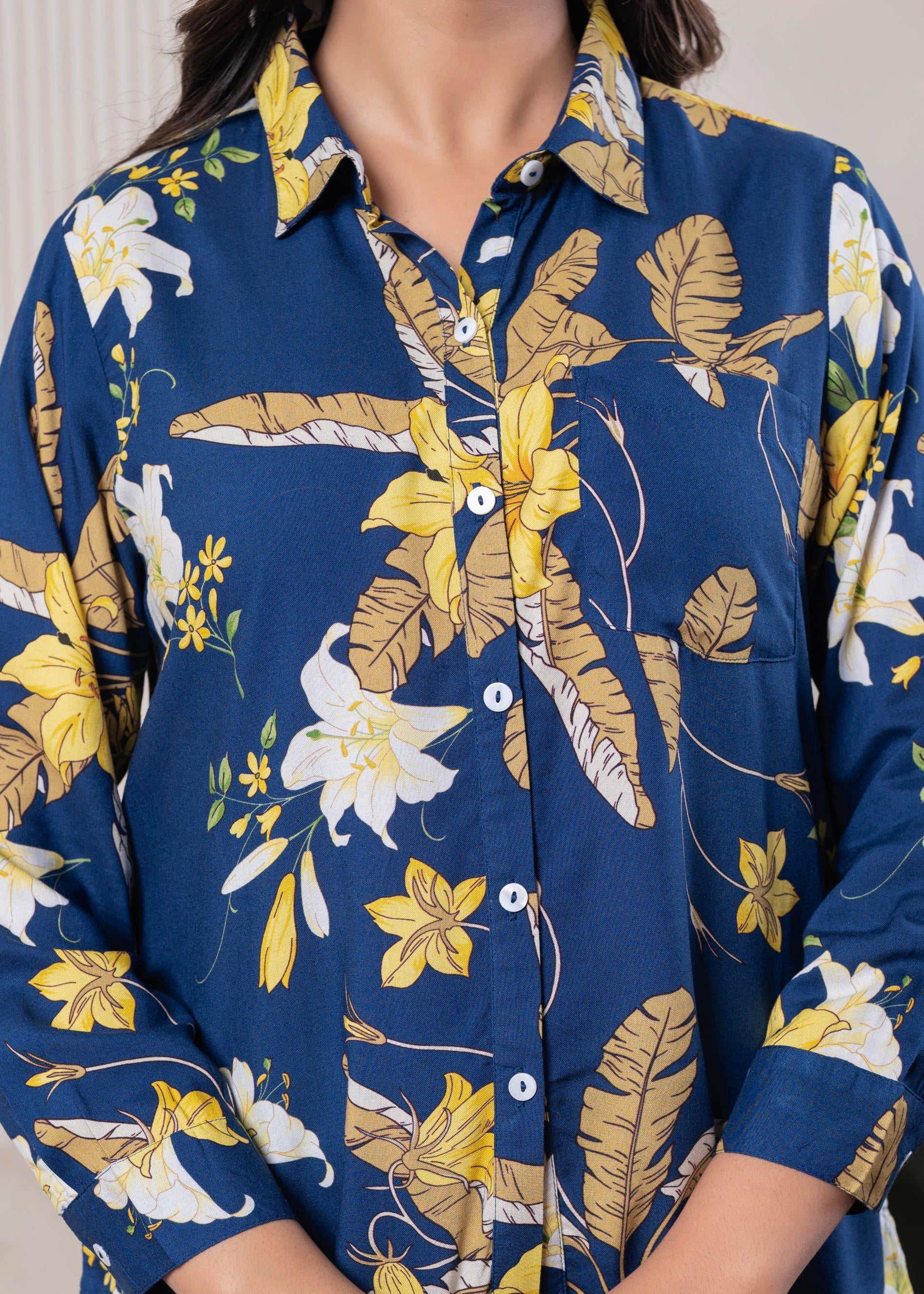 Navy Blue Floral Print Long Sleeve Button-Down Shirt