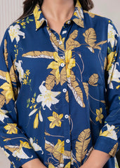 Lamora Navy Blue Floral Print Long Sleeve Button-Down Shirt