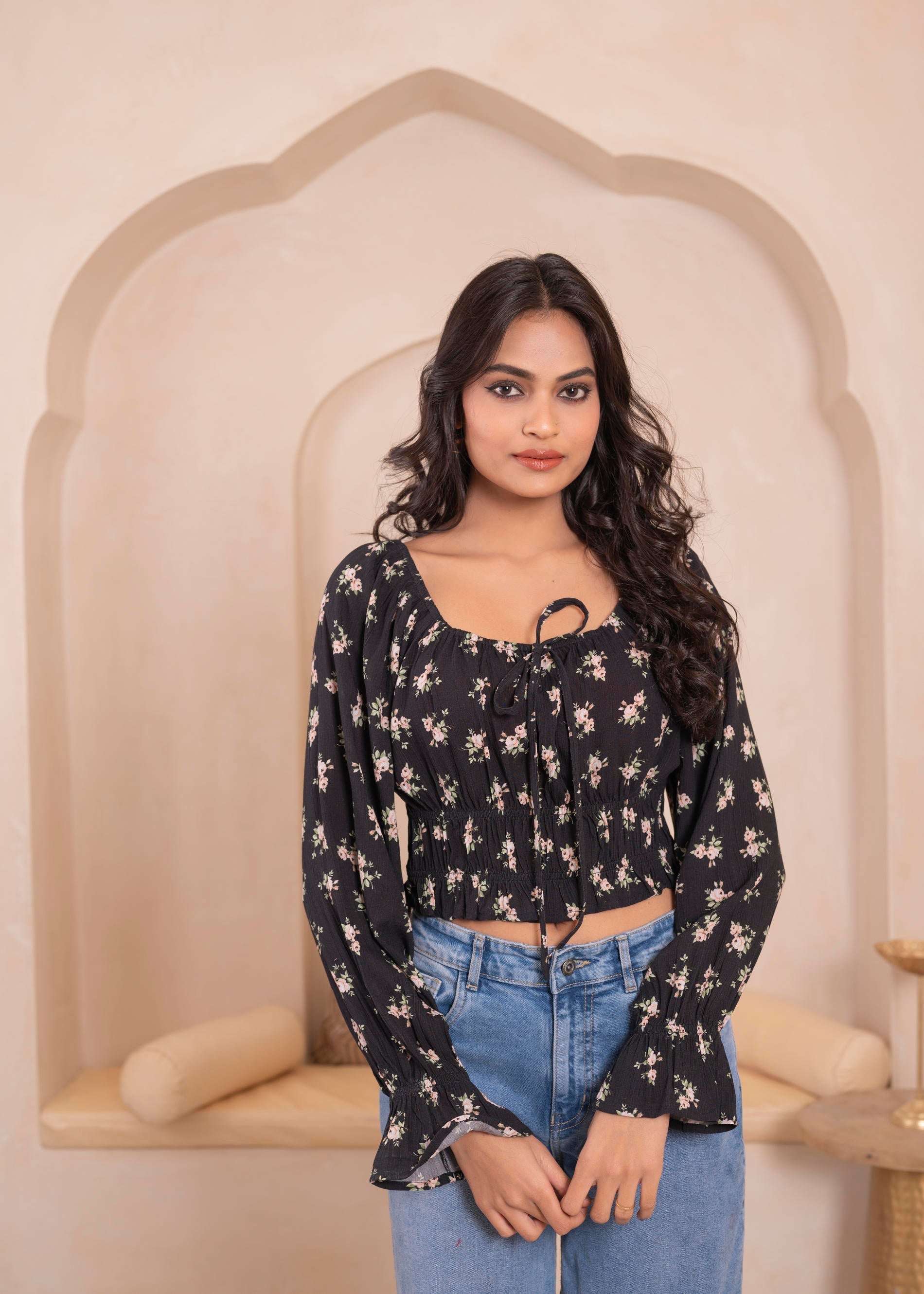 Black Floral Smocked Crop Top | DesiQlo