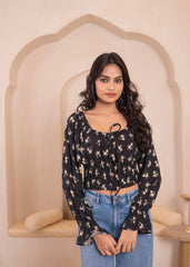 Lamora Black Floral Smocked Crop Top