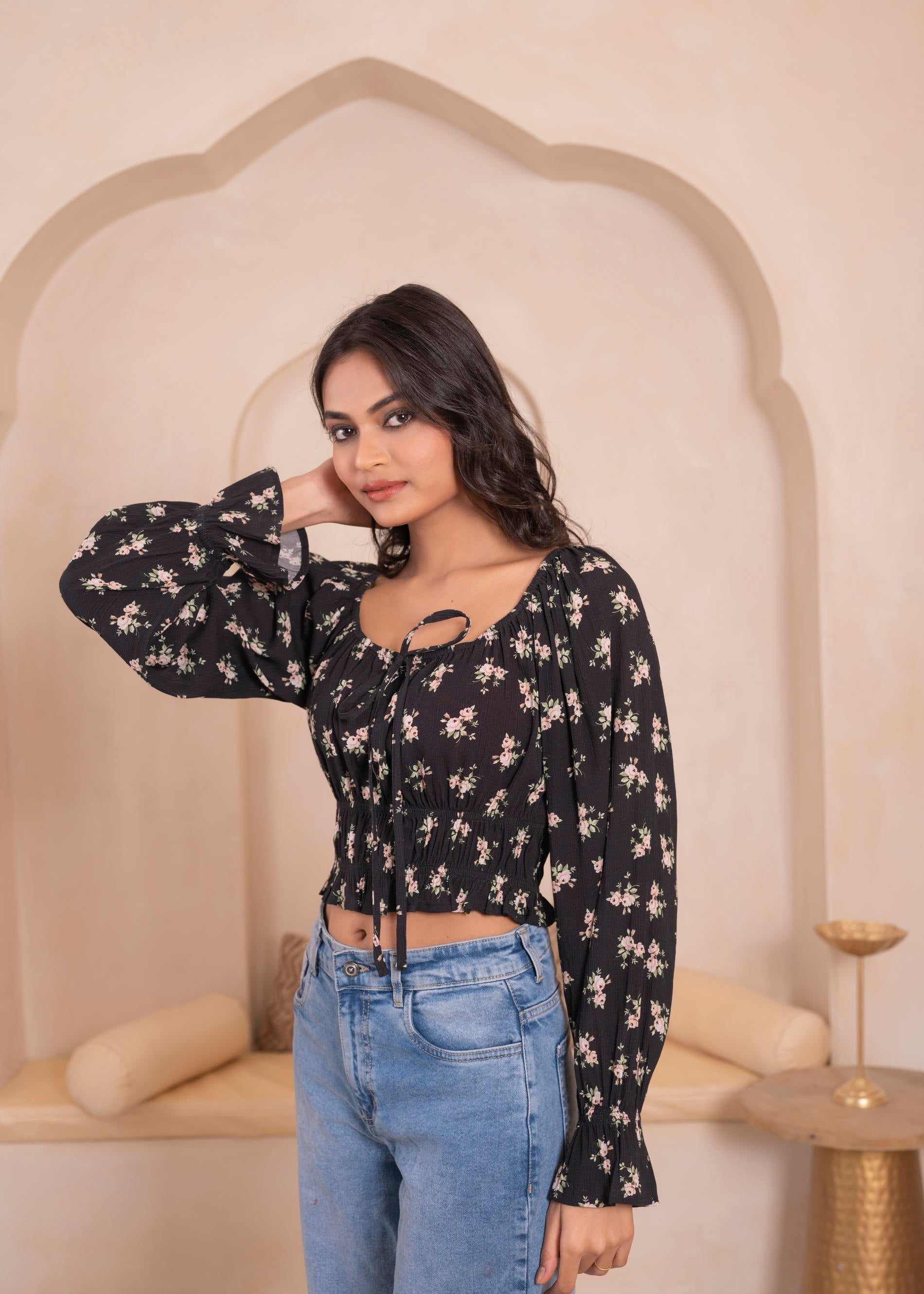 Black Floral Smocked Crop Top | DesiQlo
