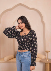 Lamora Black Floral Smocked Crop Top