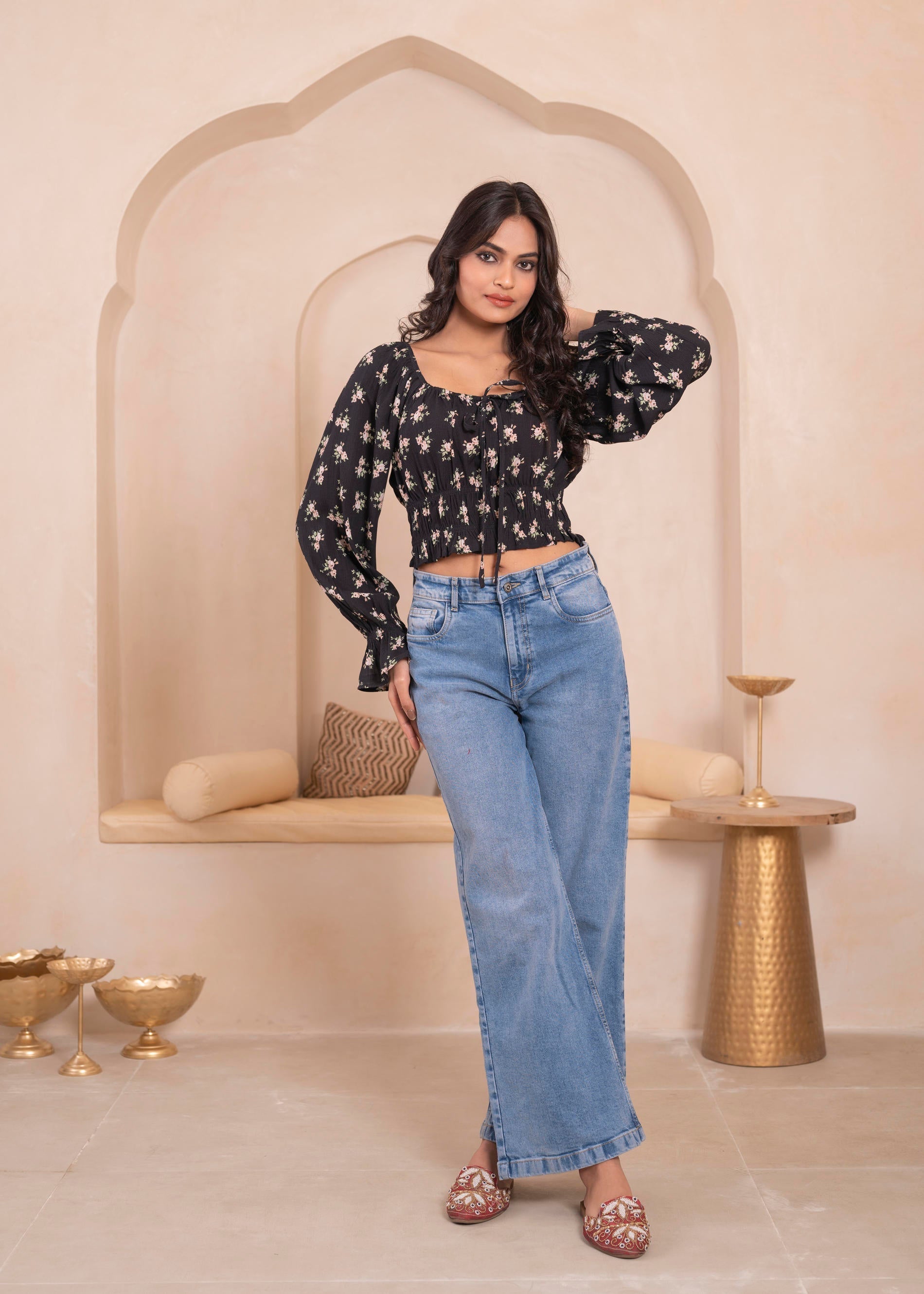 Black Floral Smocked Crop Top | DesiQlo