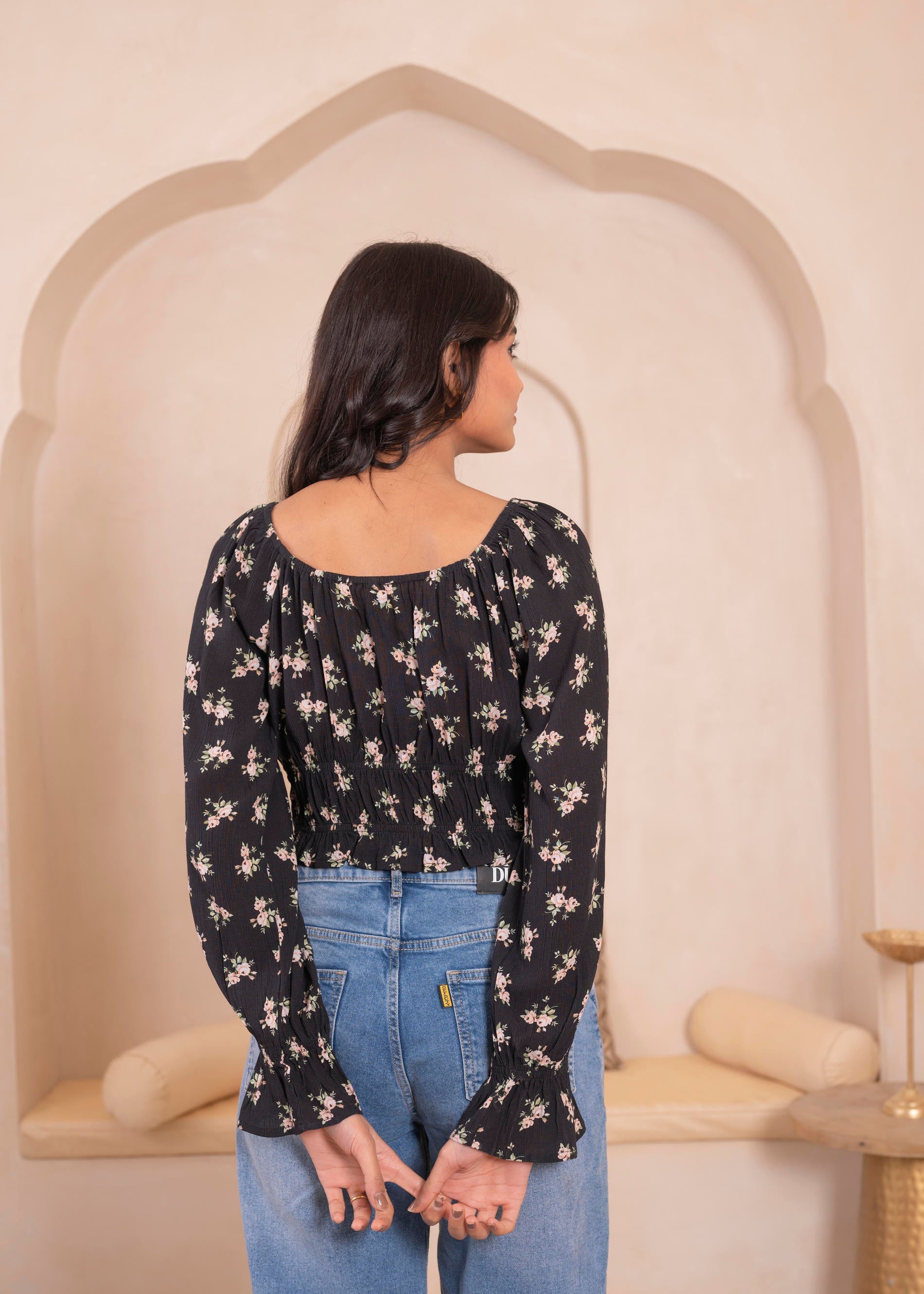 Black Floral Smocked Crop Top | DesiQlo