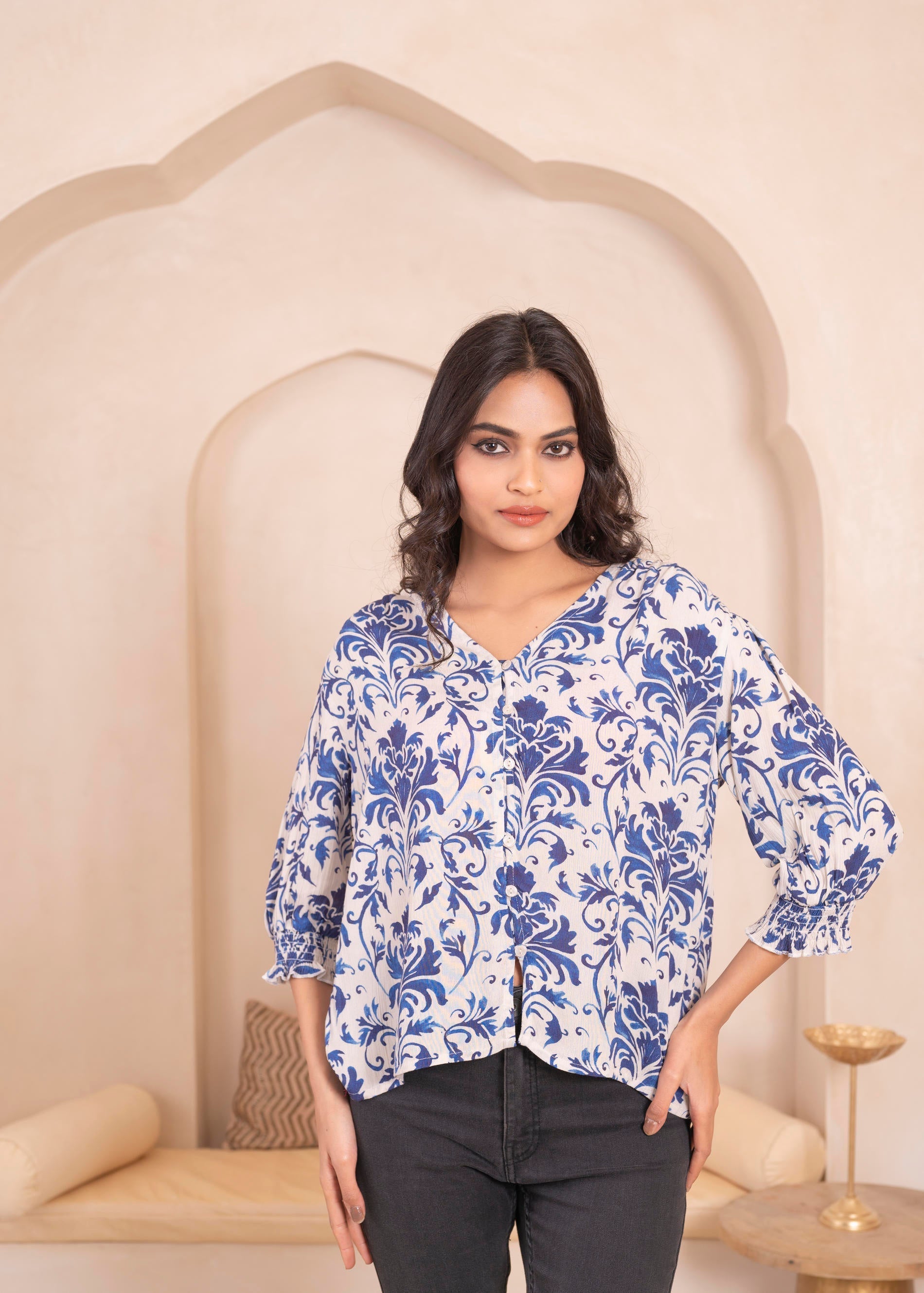 White & Blue Baroque Floral Printed Top | DesiQlo