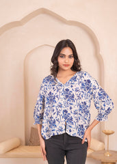 Lamora White & Blue Baroque Floral Printed   Top
