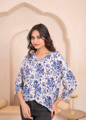 Lamora White & Blue Baroque Floral Printed   Top