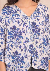 Lamora White & Blue Baroque Floral Printed   Top