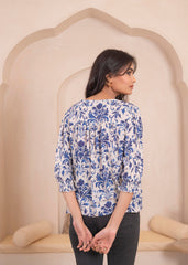 Lamora White & Blue Baroque Floral Printed   Top