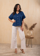Lamora Teal Blue Oversized Boxy Shirt with Front Button Closure