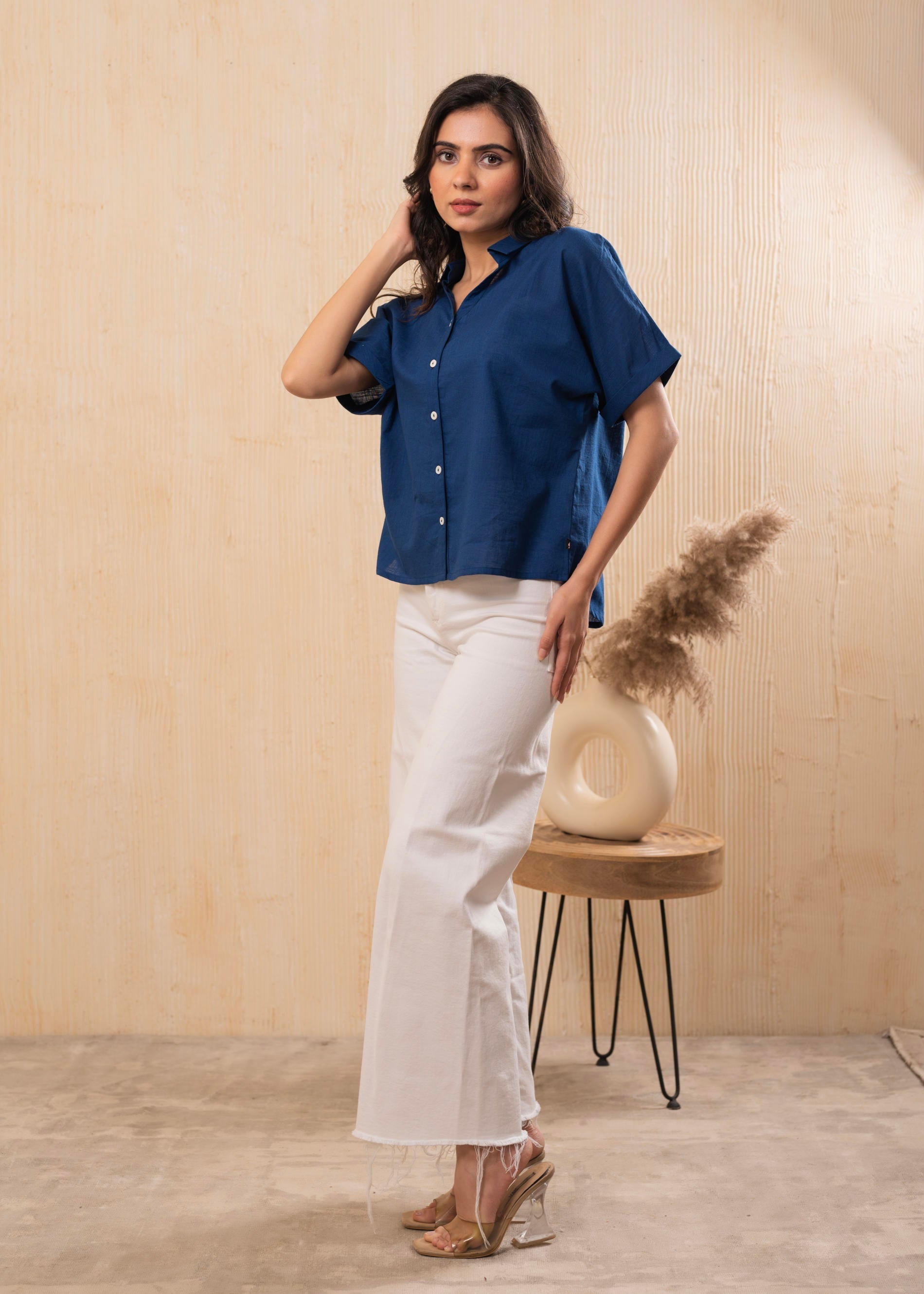 Teal Blue Oversized Boxy Shirt with Front Button Closure | DesiQlo